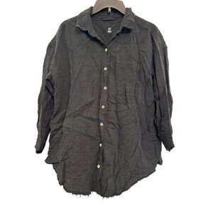 Aerie Button-Up Frayed Hem Shirt Women XS Black Lightweight Cotton Casual